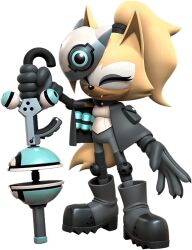 Rule 34 | 1girl, 3d, blonde hair, boots, closed eyes, fangs, female focus, full body, furry, furry female, gloves, gun, knee pads, long hair, looking at viewer, mask, official art, ponytail, solo, sonic (series), tail, weapon, whisper the wolf
