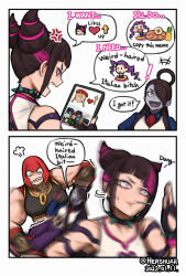 Rule 34 | &gt; &lt;, 2koma, 3girls, anger vein, angry, aqua nails, arrow (symbol), artist name, beret, black hair, breasts, cammy white, candy, chain necklace, chasing, clenched teeth, collar, colored skin, comic, commentary, cone hair bun, dated, double bun, english commentary, english text, fang, female focus, female seth (street fighter), fingerless gloves, fleeing, food, food in mouth, fruit, gloves, grabbing another&#039;s hair, grey skin, hair bun, hair over one eye, han juri, hat, heart, hershuar, holding, holding tablet pc, index finger raised, jewelry, large breasts, lollipop, long hair, looking at another, marisa (street fighter), medium breasts, meme, motion blur, multicolored hair, multiple girls, muscular, muscular arms, muscular female, necklace, official alternate costume, open mouth, pineapple, pink hair, pizza, profanity, purple hair, red eyes, rose (street fighter), running, scared, seth (street fighter), short hair, simple background, single hair ring, speech bubble, spiked collar, spikes, standing, streaked hair, street fighter, street fighter 6, street fighter v, tablet pc, teeth, twitter username, two-tone hair, watermark, white background, yellow eyes