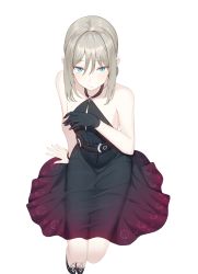 Rule 34 | absurdres, alternate hairstyle, an-94 (girls&#039; frontline), an-94 (silent rouge) (girls&#039; frontline), aqua eyes, arm support, bare shoulders, belt, black dress, black footwear, black gloves, blush, breasts, buckle, closed mouth, collarbone, dress, folded ponytail, girls&#039; frontline, gloves, gradient dress, grey hair, halter dress, halterneck, hand up, high heels, highres, long hair, looking at viewer, official alternate costume, pellas (panix2383), purple dress, sidelocks, simple background, single glove, sitting, small breasts, solo, white background, wristband