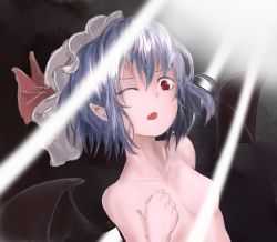 Rule 34 | 1girl, bat wings, black background, breasts, convenient censoring, gradient background, hat, highres, light purple hair, light rays, looking at viewer, lumo 1121, mob cap, nude, one eye closed, open mouth, pointy ears, red eyes, remilia scarlet, short hair, small breasts, solo, touhou, wavy hair, wings