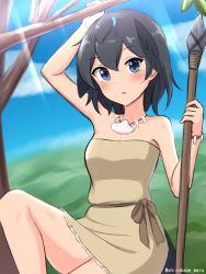 Rule 34 | 1girl, :o, absurdres, alternate costume, arm up, bare shoulders, beige dress, black hair, blue eyes, dress, hair between eyes, head wings, highres, jewelry, kemono friends, looking at viewer, necklace, polearm, sash, shell, shell necklace, shiraha maru, short hair, sitting, solo, spear, strapless, strapless dress, superb bird-of-paradise (kemono friends), tail, tree, twitter username, weapon, wings