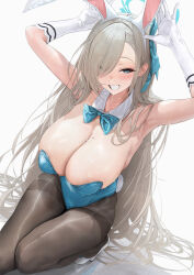 Rule 34 | 1girl, akita hika, animal ears, aqua bow, aqua bowtie, aqua leotard, armpits, arms up, asuna (blue archive), asuna (bunny) (blue archive), black pantyhose, blue archive, blush, bow, bowtie, breasts, cleavage, commentary request, detached collar, fake animal ears, gloves, hair over one eye, halo, highres, huge breasts, leotard, light brown hair, long hair, looking at viewer, mole, mole on breast, official alternate costume, pantyhose, partial commentary, playboy bunny, rabbit ears, smile, solo, squatting, strapless, strapless leotard, sweat, very long hair, white gloves
