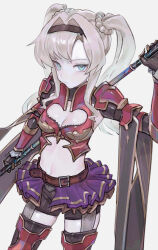 Rule 34 | 1girl, absurdres, armor, belt, blonde hair, blue eyes, breasts, expressionless, gauntlets, granblue fantasy, hairband, highres, holding, holding weapon, long hair, looking at viewer, medium breasts, midriff, miniskirt, navel, saaal653, short shorts, shorts, shoulder armor, skirt, solo, thighhighs, twintails, weapon, zeta (granblue fantasy)