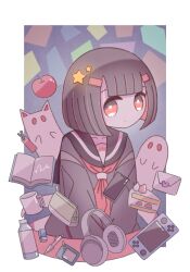 Rule 34 | + +, 1girl, apple, black serafuku, blue background, blunt bangs, blunt ends, bob cut, book, bookmark, border, bottle, brown hair, cake, cathead, cellphone, coin purse, collarbone, commentary, cup, eraser, food, frown, fruit, furrowed brow, ghost, hair ornament, handheld game console, headphones, highres, letter, light blush, looking at viewer, love letter, mug, neckerchief, no nose, omochi noa, open book, original, pen, phone, red eyes, red neckerchief, red theme, sailor collar, school uniform, serafuku, signature, smartphone, solid oval eyes, solo, square, star (symbol), star hair ornament, strawberry shortcake, uniform, upper body, v arms, water bottle, white border