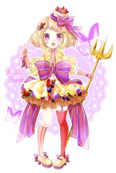 Rule 34 | 1girl, asymmetrical legwear, bad id, bad pixiv id, blcky, blonde hair, bow, bug, butterfly, food, food-themed clothes, food-themed hair ornament, fork, fruit tart, full body, garter straps, gloves, hair ornament, hat, hat bow, insect, kneehighs, looking at viewer, mismatched legwear, open mouth, original, oversized object, personification, pink gloves, pink socks, pocketland, pointing, pointing up, polearm, purple eyes, red socks, shoes, simple background, single kneehigh, single sock, single thighhigh, socks, solo, standing, strawberry hair ornament, striped, striped bow, tart (food), thighhighs, trident, weapon, yellow footwear