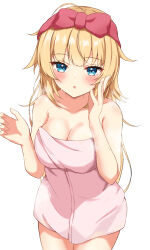 Rule 34 | 1girl, :o, absurdres, akai haato, blonde hair, blue eyes, blush, breasts, cleavage, collared shirt, commentary request, hand on own cheek, hand on own face, hand up, highres, hololive, long hair, looking at viewer, medium breasts, naked towel, parted lips, pink towel, rinkaa (lovelive765pro2), shirt, solo, steaming body, surprised, sweat, towel, towel on head, virtual youtuber, wet, wet face, wet hair