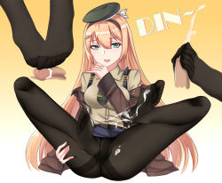 Rule 34 | 1girl, absurdres, blonde hair, censored, cum, cum on body, cum on feet, cum on lower body, ejaculation, feet, footjob, girls&#039; frontline, green eyes, hair ornament, hairband, hairclip, hat, highres, long hair, looking at viewer, m1 garand (girls&#039; frontline), no shoes, pantyhose, parted lips, penis, precum, soles, toes