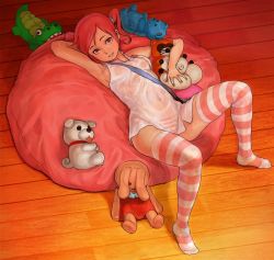 Rule 34 | 1girl, armpits, breasts, crocodile, crocodilian, digimon, digimon world re:digitize, dog, hetagaki, lying, navel, nipples, no bra, on back, panties, pink eyes, pink hair, rabbit, rindou akiho, see-through, small breasts, solo, striped clothes, striped panties, striped thighhighs, stuffed animal, stuffed toy, tanuki, teddy bear, thighhighs, twintails, underwear, wet, wet clothes