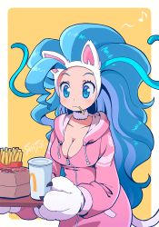 Rule 34 | 1girl, animal ears, animal hands, blue eyes, blue hair, box, breasts, cat ears, cat tail, cleavage, drink, felicia (vampire), food, french fries, jacket, large breasts, long hair, mcdonald&#039;s, shisui, tail, vampire (game), very long hair