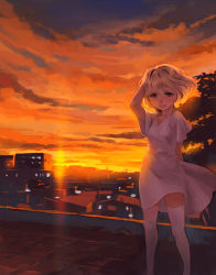 Rule 34 | 1girl, blonde hair, cityscape, cloud, cloudy sky, dress, evening, lowres, original, scenery, short hair, sky, solo, sunlight, sunset, thighhighs, twilight, weno, weno&#039;s blonde original character, white dress, white thighhighs, wind