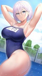 Rule 34 | 1girl, absurdres, armpit crease, armpits, arms behind head, arms up, blue one-piece swimsuit, breasts, cleavage, collarbone, dobure18, glasses, highres, hololive, hololive indonesia, large breasts, one-piece swimsuit, pavolia reine, school swimsuit, short hair, swimsuit, thighs, virtual youtuber