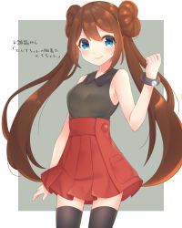 Rule 34 | 1girl, black skirt, black thighhighs, blue eyes, blush, bracelet, breasts, brown hair, closed mouth, collared shirt, cosplay, creatures (company), double bun, game freak, hair bun, hand up, jewelry, long hair, looking at viewer, nintendo, pleated skirt, pokemon, pokemon bw2, pokemon xy, red skirt, rosa (pokemon), serena (pokemon), serena (pokemon) (cosplay), shirt, skirt, sleeveless, sleeveless shirt, smile, solo, takahara, thighhighs, translation request, twintails