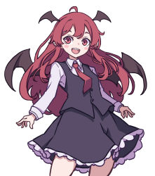 Rule 34 | 1girl, absurdres, bat wings, black vest, blush stickers, breasts, collared shirt, demon tail, demon wings, frilled skirt, frills, head wings, highres, kame (kamepan44231), koakuma, long hair, long sleeves, necktie, one-hour drawing challenge, red eyes, red hair, red necktie, shirt, simple background, skirt, smile, solo, tail, touhou, vest, white shirt, wings