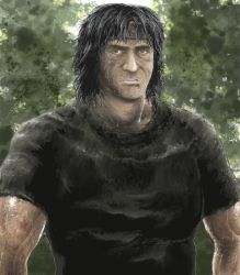Rule 34 | 1boy, bandana, black hair, blood, forest, grey hair, injury, lips, long hair, male focus, manly, muscular, nature, old, rambo, realistic, serious, shirt, solo, sweat, sylvester stallone, ymr