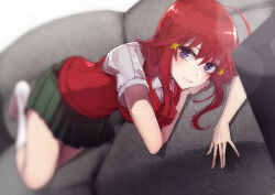 Rule 34 | 1girl, bad id, bad pixiv id, breasts, closed mouth, couch, go-toubun no hanayome, green skirt, hair ornament, highres, kayao, large breasts, long hair, looking at viewer, lying, nakano itsuki, no shoes, on side, pleated skirt, red hair, school uniform, short sleeves, skirt, socks, solo, star (symbol), star hair ornament, white socks