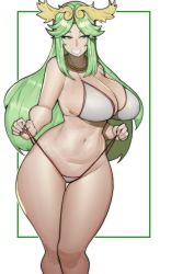 Rule 34 | 1girl, absurdres, bikini, bikini pull, blush, breasts, clothes pull, curvy, doublehero, green eyes, green hair, grin, highres, huge breasts, kid icarus, kid icarus uprising, long hair, narrow waist, naughty face, nintendo, palutena, simple background, smile, swimsuit, thick thighs, thighs, white bikini, wide hips