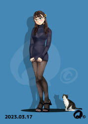 Rule 34 | 1girl, black pantyhose, blue background, bra visible through clothes, breasts, brown hair, cat, dated, dress, frown, full body, high heels, jimiko, long hair, long sleeves, mole, mole under eye, original, pantyhose, q98780409, see-through, shadow, shirt, simple background, small breasts, standing, sweater, sweater dress, toeless footwear, wet, wet clothes, wet shirt