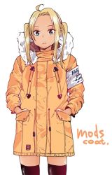 Rule 34 | 1girl, ahoge, armband, black thighhighs, blonde hair, blue eyes, breasts, buttons, closed mouth, coat, commentary request, cowboy shot, english text, fingernails, fur-trimmed coat, fur trim, gensokigou, hands in pockets, legs apart, long fingernails, long hair, long sleeves, looking at viewer, original, pink lips, simple background, solo, standing, thighhighs, turtleneck, twintails, white background, winter clothes, winter coat