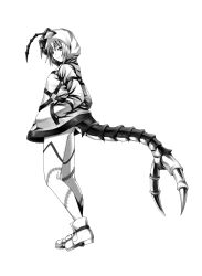 Rule 34 | 1girl, absurdres, ano hito, antennae, arthropod girl, ass, boots, commentary request, from side, full body, greyscale, hands in pockets, highres, hood, hooded jacket, jacket, monochrome, o-ring, original, pants, scorpion girl, scorpion tail, solo, tail