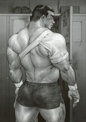 Rule 34 | 1boy, arm hair, artist request, ass, back, back focus, bad id, bad tumblr id, bara, body hair, dolphin shorts, facial hair, feet out of frame, from behind, greyscale, hairy, highres, holding, holding clothes, holding shirt, igote, large pectorals, leg hair, locker, locker room, looking to the side, male focus, monochrome, muscular, muscular male, original, pectorals, shirt, short hair, shorts, solo, sportswear, standing, stubble, thick lips, thick thighs, thighs
