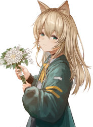 Rule 34 | 1girl, absurdres, animal ears, arknights, black collar, blonde hair, coat, collar, dog ears, flower, from side, green coat, green eyes, highres, holding, holding flower, long hair, looking at viewer, open clothes, open coat, podenco (arknights), ribbon, simple background, smile, solo, upper body, uzurako, white background, white flower, yellow ribbon
