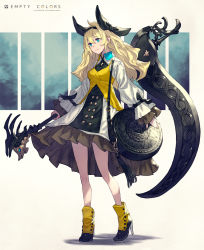Rule 34 | 1girl, ankle boots, bag, black footwear, black ribbon, blonde hair, blue eyes, boots, breasts, camisole, camisole over clothes, closed mouth, dress, full body, hair ribbon, hairband, high heel boots, high heels, highres, holding, holding scythe, holding staff, kusano shinta, layered dress, long hair, long sleeves, looking away, medium breasts, original, ribbon, scythe, shoulder bag, sleeves past wrists, smile, solo, staff, standing, tassel, two-tone footwear, white dress, yellow footwear