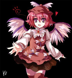 Rule 34 | 1girl, alphes (style), animal ears, dress, earrings, female focus, fingernails, hat, heart, jewelry, long fingernails, mystia lorelei, open mouth, outstretched arm, outstretched hand, parody, pink hair, purple eyes, red eyes, short hair, single earring, smile, solo, style parody, thighhighs, touhou, wings, yetworldview kaze