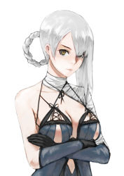 Rule 34 | 1girl, bandaged arm, black gloves, breasts, brown eyes, cleavage, closed mouth, crossed arms, drag-on dragoon, gloves, hair over one eye, hair rings, kaine (nier), looking at viewer, medium breasts, nier, nier (series), quentin lecuiller, short hair with long locks, silver hair, simple background, solo, strap gap, upper body, white background