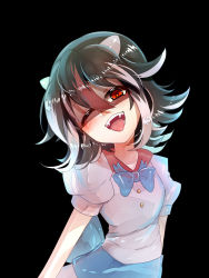 Rule 34 | 1girl, ;d, bad id, bad pixiv id, blush, bow, cone horns, dress, fangs, grey horns, head tilt, highres, horns, ichirugi, kijin seija, looking at viewer, multicolored hair, one eye closed, open mouth, red eyes, short hair, smile, solo, streaked hair, tongue, touhou