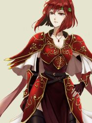 Rule 34 | 1girl, armor, breasts, dress, fire emblem, fire emblem: mystery of the emblem, gloves, headband, highres, looking at viewer, minerva (fire emblem), nintendo, red armor, red eyes, red hair, short hair, simple background, solo, yori ilrosso
