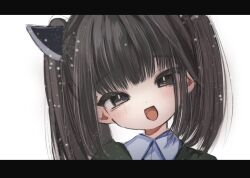 Rule 34 | 1girl, black eyes, blade, blush, brown hair, collared shirt, commentary request, green jacket, half-closed eyes, head tilt, headgear, jacket, letterboxed, light particles, looking at viewer, okusuri nometane, open mouth, portrait, raised eyebrows, shirt, simple background, smile, solo, straight-on, touhoku kiritan, voiceroid, white background, white shirt