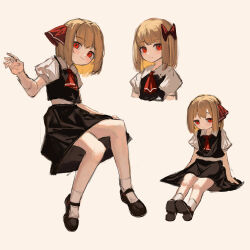 Rule 34 | 1girl, absurdres, arm up, ascot, black footwear, black skirt, black vest, blonde hair, bow, brown background, closed mouth, clynxen, cropped torso, full body, hair bow, hair ribbon, highres, looking at viewer, mary janes, multiple views, one side up, puffy short sleeves, puffy sleeves, red ascot, red eyes, red ribbon, ribbon, rumia, shirt, shoes, short hair, short sleeves, simple background, sitting, sketch, skirt, skirt set, smile, socks, touhou, vest, white shirt, white socks