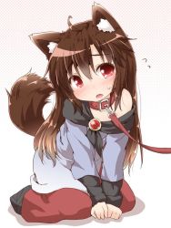 Rule 34 | 1girl, animal ears, blush, brooch, brown hair, collar, dress, fang, flying sweatdrops, gradient background, imaizumi kagerou, jewelry, kneeling, long hair, long sleeves, looking to the side, natsu no koucha, off shoulder, open mouth, polka dot, polka dot background, red eyes, solo focus, sweatdrop, tail, touhou, wolf ears, wolf tail