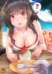 Rule 34 | 10s, 1boy, 1girl, admiral (kancolle), asdj, beach, bikini, black hair, blue sky, breast rest, breasts, cleavage, cloud, coconut tree, dated, day, eating, food, hair ornament, headgear, highres, kantai collection, leaning forward, lips, looking at viewer, medium breasts, open mouth, outdoors, palm tree, red eyes, shaved ice, short hair, signature, sky, spoon, swimsuit, tree, yamashiro (kancolle)