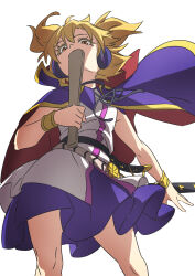 Rule 34 | 1girl, belt, black belt, blonde hair, bracelet, cape, commentary request, covered mouth, cowboy shot, earmuffs, from below, gold, gyouza (mhea5724), highres, jewelry, knees, pointy hair, purple cape, purple skirt, ritual baton, shirt, short shorts, shorts, simple background, skirt, sleeveless, sleeveless shirt, solo, touhou, toyosatomimi no miko, untucked shirt, white background, white shirt, yellow eyes