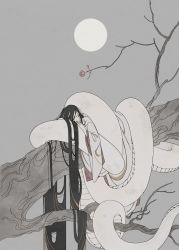 Rule 34 | 1girl, absurdly long hair, absurdres, branch, colored skin, female focus, flat color, flower, grey background, grey sky, highres, japanese clothes, kimono, ksksmkb, lamia, long hair, monster girl, original, pale skin, sky, sleeping, solo, tree, very long hair, white kimono, white skin, wide sleeves