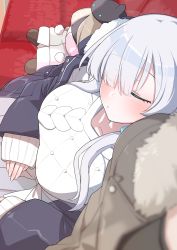 Rule 34 | 1girl, akitokage, anastasia (fate), anastasia (under the same sky) (fate), blush, breasts, closed eyes, coat, commentary request, couch, doll, eyes visible through hair, fate/grand order, fate (series), fur trim, hair over one eye, highres, jacket, large breasts, leaning on person, long hair, long sleeves, on couch, silver hair, sleeping, sleeves past wrists, sweater, unworn jacket, white sweater, winter clothes, winter coat