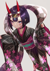 Rule 34 | 1girl, absurdres, black kimono, bob cut, breasts, choker, eyeliner, fate/grand order, fate (series), floral print, headpiece, highres, horn ornament, horn ring, horns, huge filesize, japanese clothes, kimono, koisuke, long sleeves, looking at viewer, lostroom outfit (fate), makeup, obi, oni, purple eyes, purple hair, sash, short hair, shuten douji (fate), skin-covered horns, small breasts, smile, solo, wide sleeves