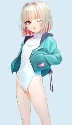 Rule 34 | 1girl, ;o, ahoge, bare legs, bob cut, covered navel, dyed ahoge, flat chest, grey hair, hands in pockets, highres, jacket, leotard, letterman jacket, long sleeves, looking at viewer, makaino ririmu, multicolored hair, navel, nijisanji, no pants, one eye closed, open clothes, open jacket, pointy ears, red eyes, ribbon, sabamen, solo, standing, streaked hair, turtleneck, two-tone hair, virtual youtuber