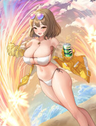 Rule 34 | 1girl, :d, absurdres, anis (nikke), anis (sparkling summer) (nikke), bare shoulders, bikini, breasts, brown eyes, brown hair, can, drink can, elsynien, eyepatch bikini, glint, goddess of victory: nikke, highres, holding, holding can, jacket, jewelry, large breasts, navel, off shoulder, open mouth, pendant, short hair, smile, soda can, solo, stomach, swimsuit, thighs, water, wet, white bikini, yellow jacket