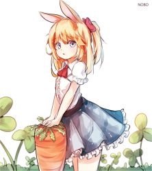 Rule 34 | 1girl, animal ears, blonde hair, blue eyes, blue skirt, carrot, food, highres, kosobin, looking at viewer, no tail, open mouth, original, outdoors, oversized object, ponytail, rabbit ears, rabbit girl, ribbon, shirt, short hair, short sleeves, simple background, skirt, solo, white background, white shirt
