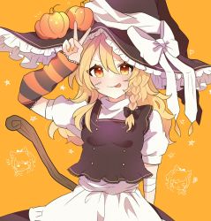 Rule 34 | 1girl, apron, arm warmers, bandages, black hat, black skirt, black vest, blonde hair, bow, breasts, closed mouth, commentary request, fingernails, frilled hat, frills, happy, hat, hat bow, highres, kirisame marisa, long hair, nail polish, necono (nyu6poko), orange nails, puffy short sleeves, puffy sleeves, pumpkin, shirt, short sleeves, skirt, small breasts, smile, solo, tongue, tongue out, touhou, turtleneck, upper body, v, vest, waist apron, white apron, white bow, white shirt, witch hat, yellow background, yellow eyes