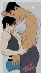 Rule 34 | !, !!, 2boys, abs, artist name, bara, black hair, black tank top, blue male underwear, blush, clothes lift, couple, facial scar, grey pants, holding another&#039;s arm, jewelry, kashikahaya, large pectorals, looking at another, male focus, male underwear, multiple boys, muscular, muscular male, original, pants, pectorals, ring, scar, scar on cheek, scar on face, short hair, tank top, underwear, white tank top, yaoi