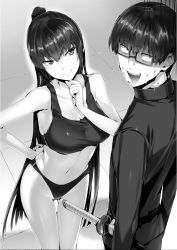 Rule 34 | 1boy, 1girl, aiichi kazuya, breasts, glasses, grabbing another&#039;s chin, greyscale, hand on another&#039;s chin, hand on own hip, head tilt, highres, hisasi, katana, large breasts, leaning forward, long hair, looking at another, looking away, monochrome, monogusa neneko no taida na tanteichou, official art, open mouth, ponytail, smug, sports bra, sweat, sword, thigh gap, very long hair, weapon, yomisaka neneko