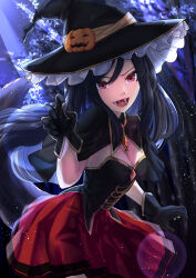 Rule 34 | 1girl, animal ears, black hat, bodice, breasts, brooch, brown hair, capelet, cleavage, dress, fang, forest, gloves, halloween, halloween costume, hat, hat belt, highres, imaizumi kagerou, jack-o&#039;-lantern, jewelry, large breasts, large hat, long hair, looking at viewer, nature, night, open mouth, red eyes, smile, solo, tail, tenamaru, touhou, witch, witch hat, wolf ears, wolf tail
