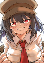Rule 34 | 1girl, absurdres, black hair, blush, breasts, brown hat, brown jacket, collared shirt, commentary request, flat cap, grin, hat, head tilt, highres, jacket, leaning forward, long sleeves, looking at viewer, medium breasts, medium hair, necktie, open clothes, open jacket, red eyes, red necktie, seductive smile, shameimaru aya, shameimaru aya (newsboy), shirt, simple background, smile, smirk, solo, suit jacket, touhou, undressing, upper body, white background, white shirt, yuuka (a0240765)