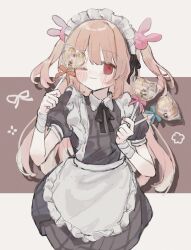 Rule 34 | &gt; &lt;, 1girl, apron, bandaged wrist, bandages, black ribbon, blonde hair, blue ribbon, blush, candy, chimoshi (hitsuji tonakai), closed mouth, collared dress, dress, food, frilled apron, frills, hair ornament, hands up, highres, holding, holding candy, holding food, holding lollipop, lollipop, long hair, looking at viewer, maid, maid headdress, natori sana, neck ribbon, one eye closed, orange ribbon, pink ribbon, puffy short sleeves, puffy sleeves, rabbit hair ornament, red eyes, ribbon, sana channel, shaped lollipop, short sleeves, smile, solo, two side up, virtual youtuber, waist apron, white apron
