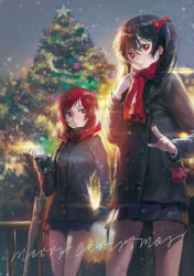 Rule 34 | 10s, 2girls, absurdres, backlighting, black hair, blurry, bokeh, christmas ornaments, christmas tree, coat, depth of field, evening, hair between eyes, highres, light smile, looking at another, looking at viewer, love live!, love live! school idol project, merry christmas, miniskirt, modare, multiple girls, nishikino maki, pleated skirt, purple eyes, red eyes, red hair, scarf, short hair, short twintails, skirt, smile, snowing, twintails, winter clothes, yazawa nico