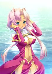 Rule 34 | 1girl, absurdres, arms up, blue eyes, blush, breasts, center opening, china dress, chinese clothes, cleavage, dark-skinned female, dark skin, dress, facial mark, forehead, forehead mark, hair intakes, highres, koihime musou, long hair, maijin (ayisaka), navel, no panties, open mouth, pink hair, red dress, smile, solo, sonken, thighs, water, wind