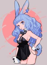 Rule 34 | 1girl, animal ears, black necktie, blue eyes, breasts, circle, clothing request, cropped legs, earrings, hand on own hip, heart, heart-shaped pupils, jewelry, l hakase, medium breasts, necktie, original, rabbit ears, rabbit tail, solo, symbol-shaped pupils, tail, wrist cuffs